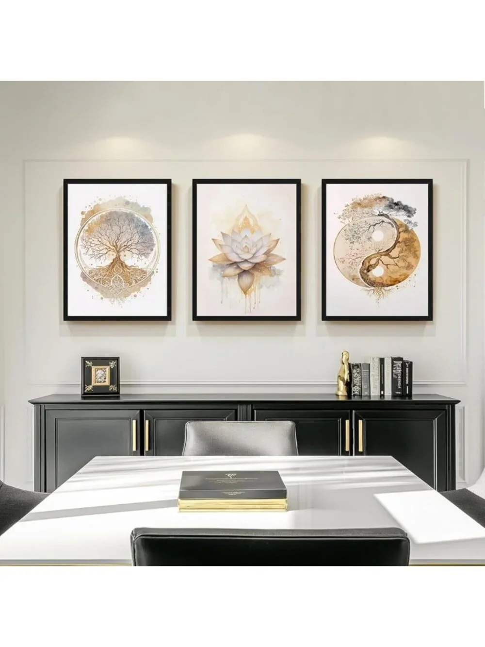 Set of 3 Modern Tree of Life Wall Art, Gold Lotus Zen Canvas Decor, Abstract Yin